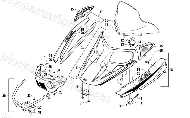 HOOD, WINDSHIELD, AND FRONT BUMPER ASSEMBLY diagram