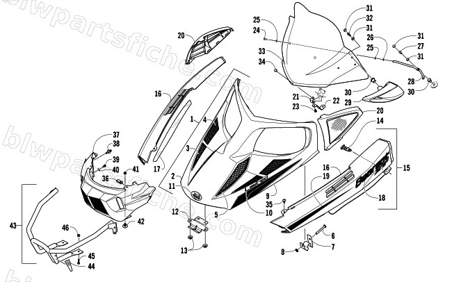 HOOD, WINDSHIELD, AND FRONT BUMPER ASSEMBLY diagram