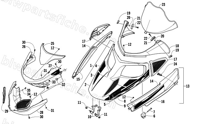 HOOD, WINDSHIELD, AND FRONT BUMPER ASSEMBLY diagram