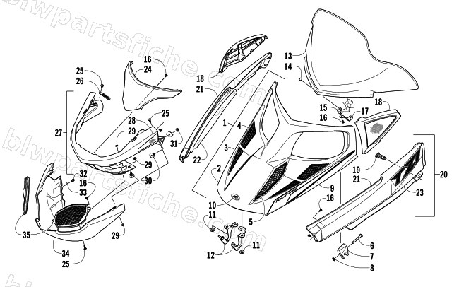 HOOD, WINDSHIELD, AND FRONT BUMPER ASSEMBLY diagram