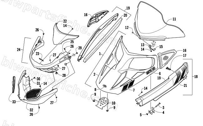 HOOD, WINDSHIELD, AND FRONT BUMPER ASSEMBLY diagram