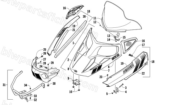 HOOD, WINDSHIELD, AND FRONT BUMPER ASSEMBLY diagram