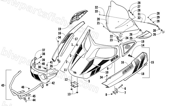 HOOD, WINDSHIELD, AND FRONT BUMPER ASSEMBLY diagram