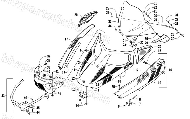 HOOD, WINDSHIELD, AND FRONT BUMPER ASSEMBLY diagram