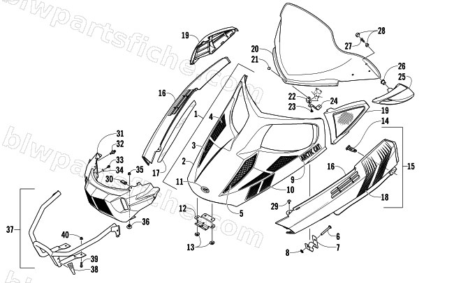 HOOD, WINDSHIELD, AND FRONT BUMPER ASSEMBLY diagram