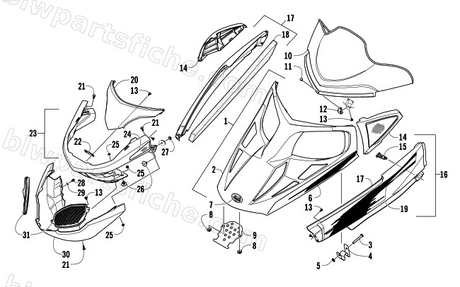 HOOD, WINDSHIELD, AND FRONT BUMPER ASSEMBLY diagram