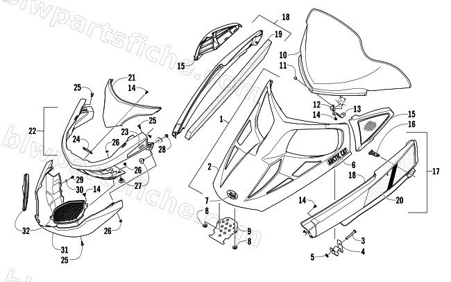HOOD, WINDSHIELD, AND FRONT BUMPER ASSEMBLY diagram