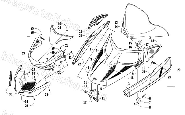 HOOD, WINDSHIELD, AND FRONT BUMPER ASSEMBLY diagram