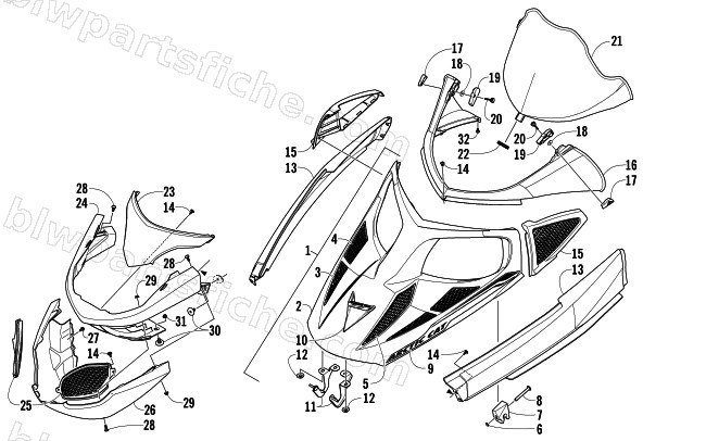 HOOD, WINDSHIELD, AND FRONT BUMPER ASSEMBLY diagram