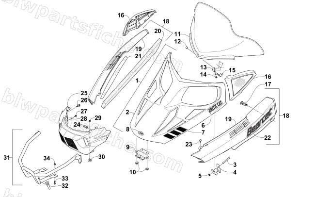 HOOD, WINDSHIELD, AND FRONT BUMPER ASSEMBLY diagram