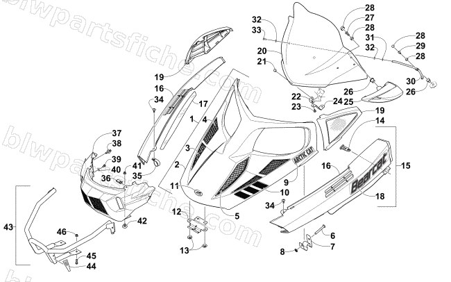 HOOD, WINDSHIELD, AND FRONT BUMPER ASSEMBLY diagram