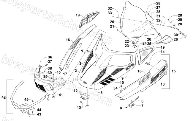HOOD, WINDSHIELD, AND FRONT BUMPER ASSEMBLY diagram