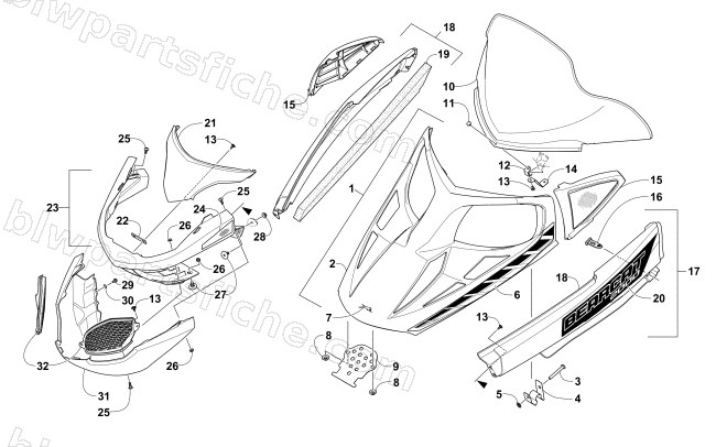 HOOD, WINDSHIELD, AND FRONT BUMPER ASSEMBLY diagram