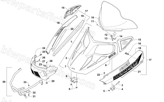 HOOD, WINDSHIELD, AND FRONT BUMPER ASSEMBLY diagram