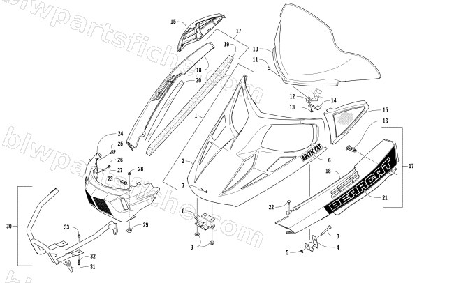 HOOD, WINDSHIELD, AND FRONT BUMPER ASSEMBLY diagram