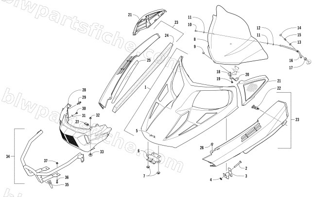 HOOD, WINDSHIELD, AND FRONT BUMPER ASSEMBLY diagram
