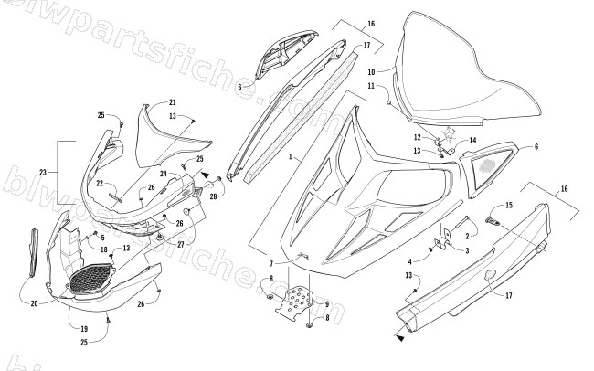 HOOD, WINDSHIELD, AND FRONT BUMPER ASSEMBLY diagram
