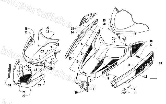 HOOD, WINDSHIELD, AND FRONT BUMPER ASSEMBLY diagram