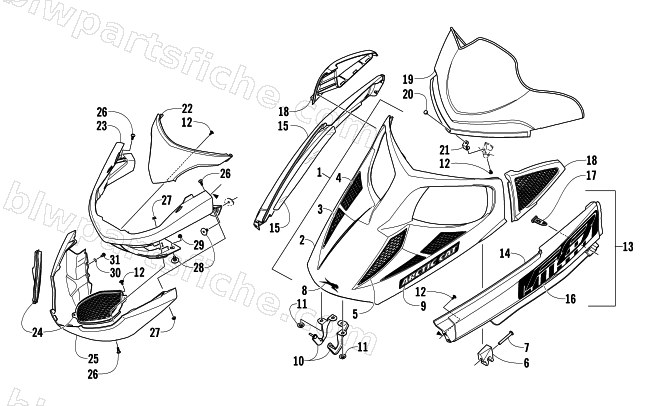 HOOD, WINDSHIELD, AND FRONT BUMPER ASSEMBLY diagram