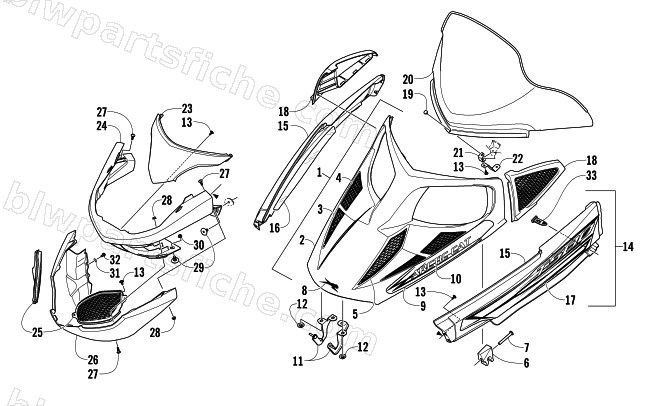 HOOD, WINDSHIELD, AND FRONT BUMPER ASSEMBLY diagram