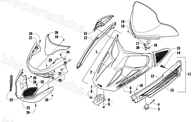 HOOD, WINDSHIELD, AND FRONT BUMPER ASSEMBLY diagram
