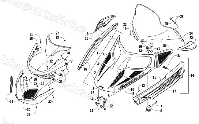 HOOD, WINDSHIELD, AND FRONT BUMPER ASSEMBLY diagram