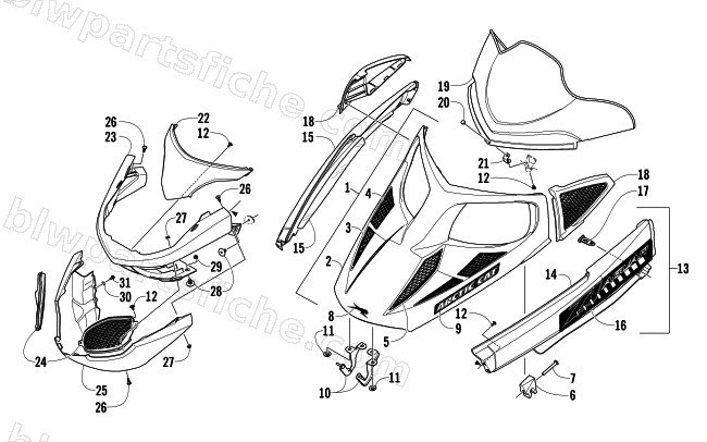 HOOD, WINDSHIELD, AND FRONT BUMPER ASSEMBLY diagram
