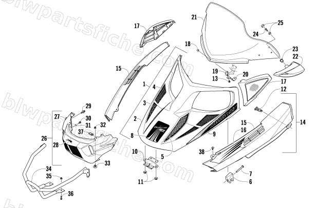 HOOD, WINDSHIELD, AND FRONT BUMPER ASSEMBLY diagram
