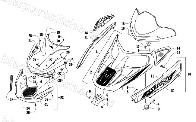 HOOD, WINDSHIELD, AND FRONT BUMPER ASSEMBLY diagram