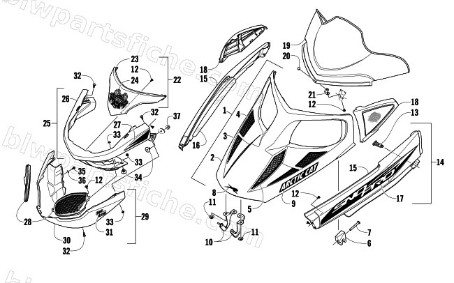 HOOD, WINDSHIELD, AND FRONT BUMPER ASSEMBLY diagram
