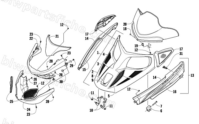 HOOD, WINDSHIELD, AND FRONT BUMPER ASSEMBLY diagram
