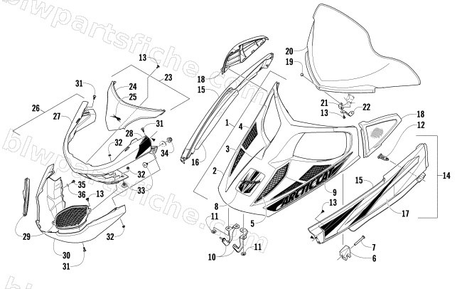 HOOD, WINDSHIELD, AND FRONT BUMPER ASSEMBLY diagram