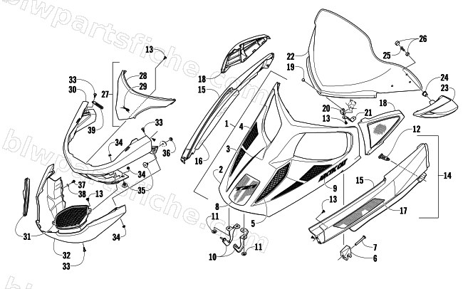 HOOD, WINDSHIELD, AND FRONT BUMPER ASSEMBLY diagram
