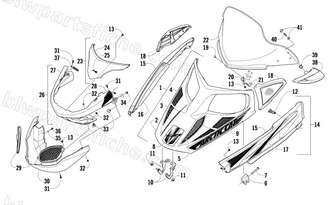 HOOD, WINDSHIELD, AND FRONT BUMPER ASSEMBLY diagram