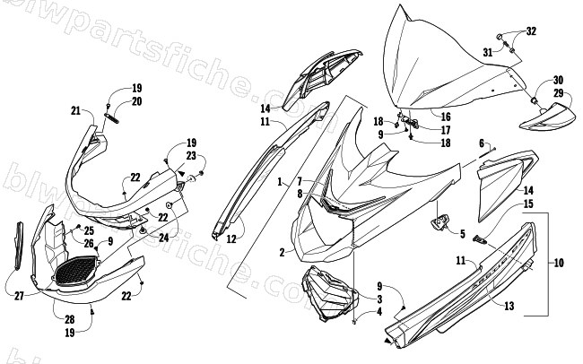 HOOD, WINDSHIELD, AND FRONT BUMPER ASSEMBLY diagram