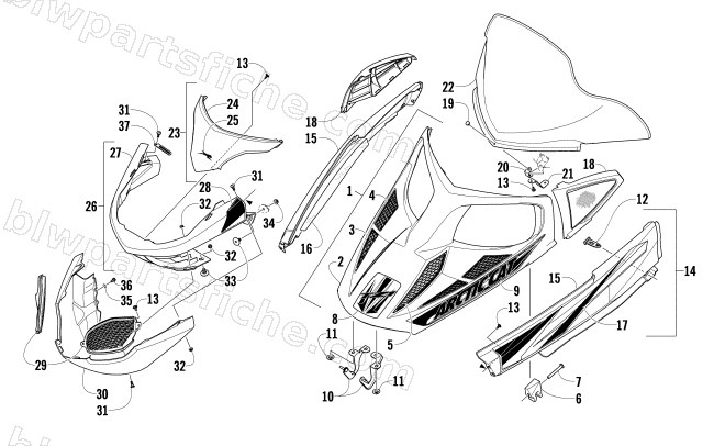 HOOD, WINDSHIELD, AND FRONT BUMPER ASSEMBLY diagram