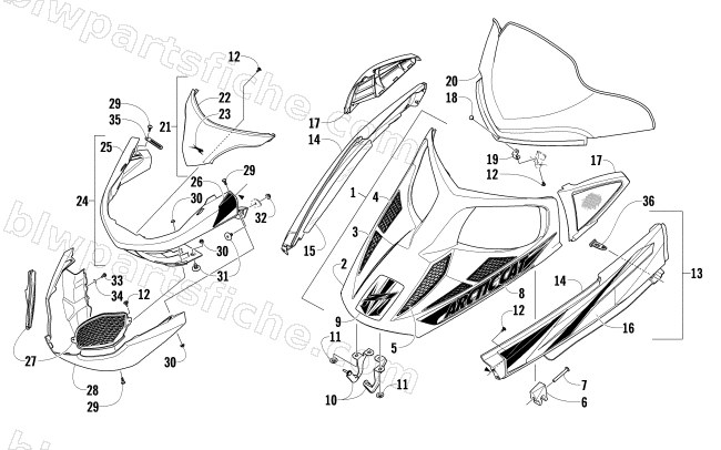 HOOD, WINDSHIELD, AND FRONT BUMPER ASSEMBLY diagram