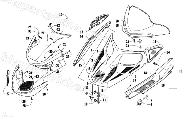 HOOD, WINDSHIELD, AND FRONT BUMPER ASSEMBLY diagram