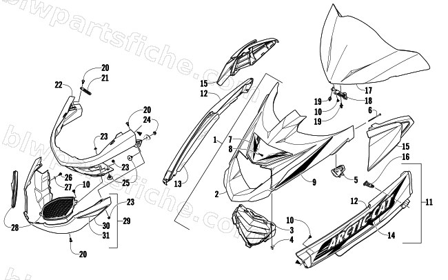 HOOD, WINDSHIELD, AND FRONT BUMPER ASSEMBLY diagram