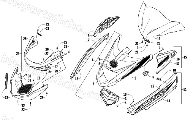 HOOD, WINDSHIELD, AND FRONT BUMPER ASSEMBLY diagram