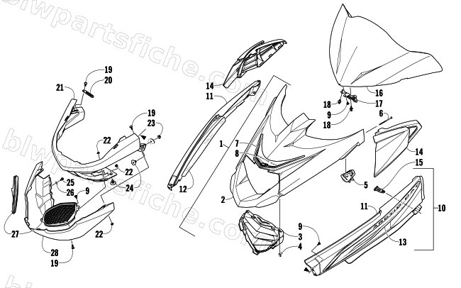 HOOD, WINDSHIELD, AND FRONT BUMPER ASSEMBLY diagram