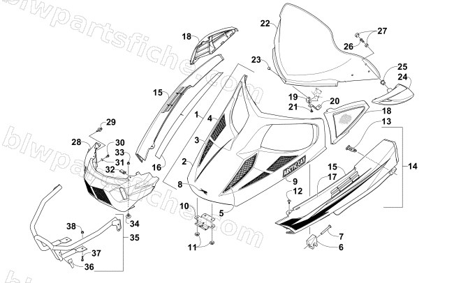 HOOD, WINDSHIELD, AND FRONT BUMPER ASSEMBLY diagram