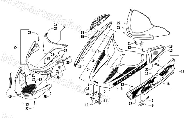 HOOD, WINDSHIELD, AND FRONT BUMPER ASSEMBLY diagram