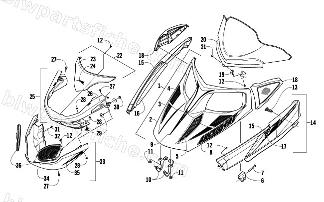 HOOD, WINDSHIELD, AND FRONT BUMPER ASSEMBLY diagram