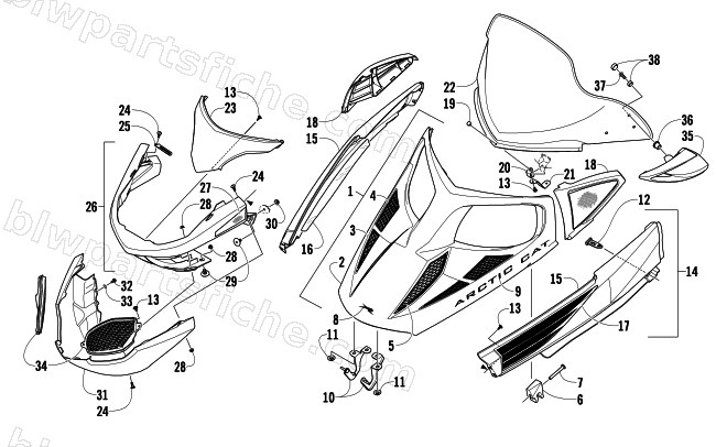 HOOD, WINDSHIELD, AND FRONT BUMPER ASSEMBLY diagram