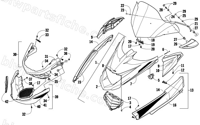 HOOD, WINDSHIELD, AND FRONT BUMPER ASSEMBLY diagram