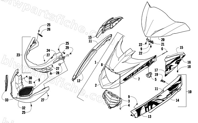 HOOD, WINDSHIELD, AND FRONT BUMPER ASSEMBLY diagram