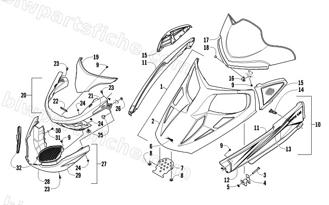 HOOD, WINDSHIELD, AND FRONT BUMPER ASSEMBLY diagram