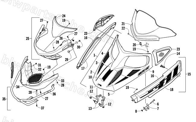 HOOD, WINDSHIELD, AND FRONT BUMPER ASSEMBLY diagram