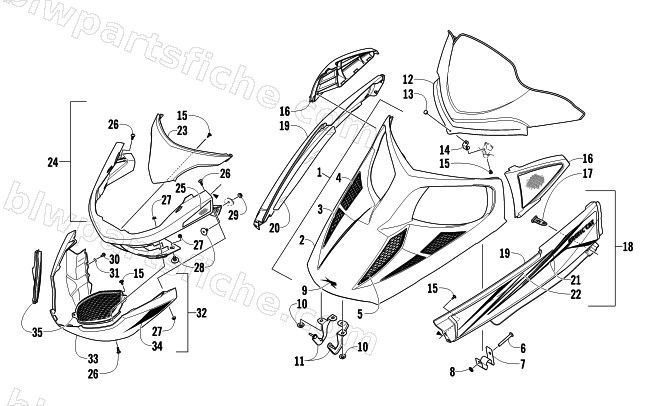 HOOD, WINDSHIELD, AND FRONT BUMPER ASSEMBLY diagram